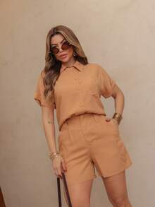 WOMEN'S SET SHORT SLEEVE SHIRT AND SHORTS SP034 - Khaki - View 4