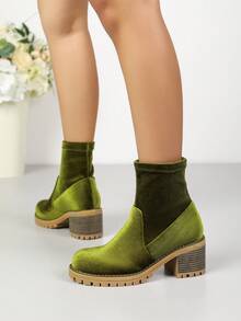 Fall/Winter Vintage Green Chunky High Heel Ankle Boots, Boots For Women - Olive Green - View 6