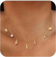 CAROVO Gold Initial Charm Necklace Women Letter A-Z Necklace 14K Gold Plated Charm Pendant Necklace Boho Summer Seashell Beach Starfish Surfer Jewelry - k - 查看 1