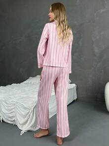 【奇幻世界】情人节Hello Kitty女士翻领纽扣长袖衬衫睡衣+松紧腰裤睡衣套装（2件套） - 粉色 - 查看 5