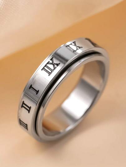 خاتم رجالي بطراز بانك عصري بسيط من الفولاذ المقاوم للصدأ قابل للدوران بأرقام رومانية، مناسب للارتداء اليومي والحفلات وكهدية عيد الحب
