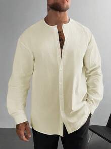 Áo sơ mi nam vải lanh kiểu cổ điển, dáng rộng, màu trơn, cổ tròn, tay dài, thích hợp làm quà tặng Ngày của Cha, đi làm và mặc hàng ngày, kiểu dáng thoải mái, lý tưởng cho kỳ nghỉ biển, cũng là một món quà Giáng sinh tuyệt vời dành cho phái mạnh, cần thiết cho mùa thu. - Màu be - Xem 3