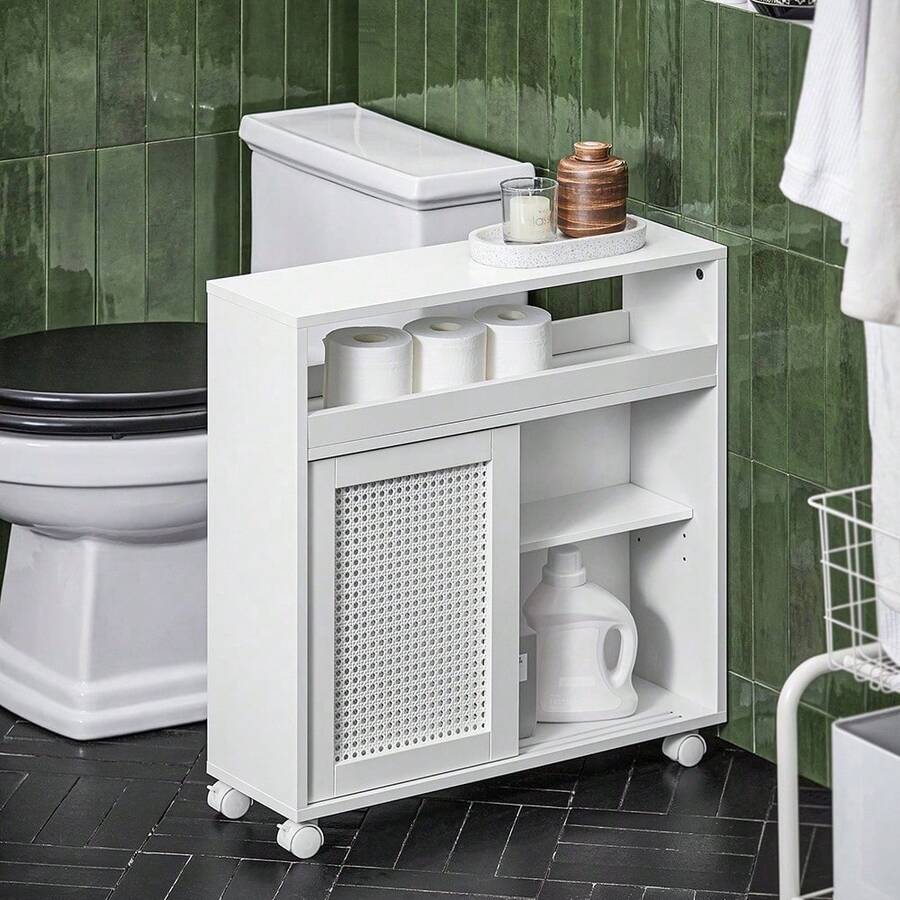 SoBuy BZR119-W, Narrow Bathroom Cabinet Storage Cabinet With 2 Sliding Doors, Bathroom Toilet Paper Roll Holder On Wheels Bathroom Organizer Bathroom Decor Summer Bathroom Accessories - White - View 1