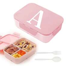Caja de almuerzo de plástico con 3 compartimentos y patrón de 26 letras, de gran capacidad, apta para microondas, contenedor de almacenamiento de alimentos, caja bento portátil con cuchara y tenedor, adecuada para picnic, oficina, aperitivos - Rosa - Ver 19