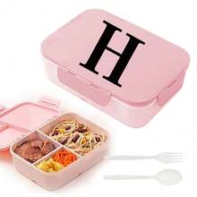 Caja de almuerzo de plástico con 3 compartimentos y patrón de 26 letras, de gran capacidad, apta para microondas, contenedor de almacenamiento de alimentos, caja bento portátil con cuchara y tenedor, adecuada para picnic, oficina, aperitivos - Rosa - Ver 30