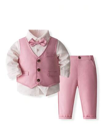 KIMOCAT 3-delat vårset för småbarnspojkar: Mönstrad skjorta, väst och långbyxor, herrfest/galakläder