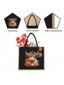 Bolso de mano de lino negro con estampado de vaca de las tierras altas, diseño de estilo campestre con patrón de vaca de las tierras altas, bolsa de cosméticos de gran capacidad con cuerda de mano, regalo de Navidad, monedero de lino negro, bolsa de compras negra, bolsa de cosméticos, con diseño de estampado de letras y patrones artísticos para mujer, de vuelta a la escuela, uso diario como bolsa de compras conveniente, regalo de agradecimiento para maestros, bolso de lona de gran capacidad para mujer, conjunto de bolso y estuche de maquillaje