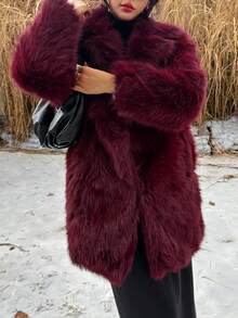 DEEKA 女士加大码仿皮草大衣，保暖宽松，欧美时尚冬季款 - 酒紅色 - 查看 4