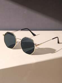 1pc Black Round Metal Frame Glasses, Elegant & Versatile All-Match Fashion Eyewear, Suitable For Runway, Business, Casual And Outdoor Occasions - 金灰 - 查看 2