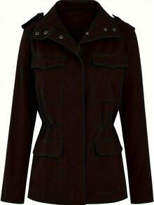 Women's Black Utility Jacket, Stand Collar Zip Up Lightweight Field Jacket, Casual Spring Streetwear Coat - màu đen - Xem 5