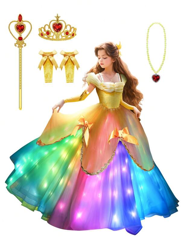 UPORPOR Vestido de Halloween, fantasia de princesa com luzes para meninas, roupas para festa de aniversário, sincroniza com música, controle remoto por aplicativo, para fantasia de cosplay, com coroa, varinha mágica, luvas, colar (pilhas não incluídas)