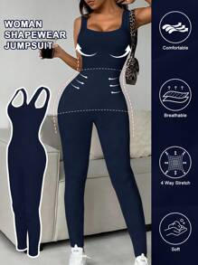 1pc Women Seamless Tummy Shaping Waist Lifting Jumpsuit, Plus Size Jumpsuit - Navy Blue - View 2