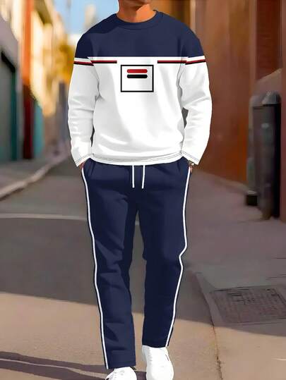 男士两件套运动服，时尚撞色休闲卫衣和长裤套装，适合户外运动。