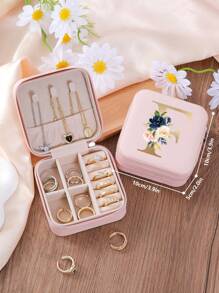 1pc Floral Rose Initial Jewelry Box, A-Z PU Leather White Portable Travel Jewelry Box, Black Jewelry Storage Box, Pink Mini Portable Zipper Jewelry Box, Necklace, Ring Pendant, Bracelet, Earring Storage Box, Jewelry Packaging Box, Suitable For Mother's Gift, Wedding Gift, Bridesmaid Gift, Anniversary Gift, Christmas Gift And Girlfriend's Boutique Gift. - Multicolor - View 80