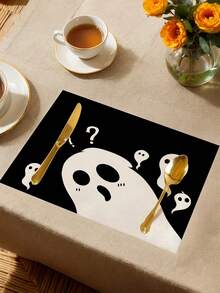 1pc/4pcs/6pcs/48pcs Halloween Ghost Pattern Placemats, Seasonal Halloween Placemats, Modern Style Linen-Like Material, Indoor Outdoor Halloween Party Decor, Halloween Home Decoration, Suitable For Kitchen Decor And Halloween Event Decoration