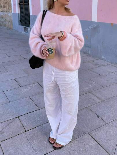 Senya Damen neue lässige einfarbige lässige Schulter Langarm Pullover, Romantisch Pink, extra weite gestrickte Obertteile