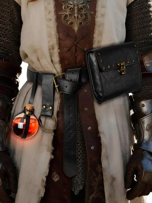Medieval Gothic Dark Atmosphere 4-Piece Set: Waist Bag, Belt, Magic Bottle, Skirt Clip. Lolita Witch Knight Cosplay Theme Photography Full Set Equipment. Halloween Role-Playing Renaissance Theme Party Costume Accessories