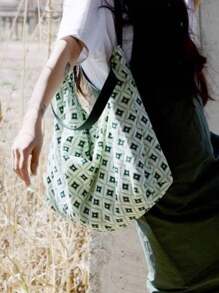 蕾丝边甜美校园单肩包，适合大学生，百搭帆布手提包 - 綠色 - 查看 3