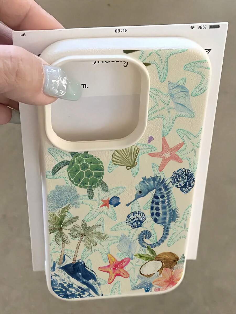 1个白色皮革纹理极简蓝色海星、海马、贝壳、海龟、椰子图案手机壳，可个性化定制，兼容 16 Pro Max、15/14 Plus、13、12、11，防水防震防摔防刮，国际版，非国内版 - 彩色 - 查看 1