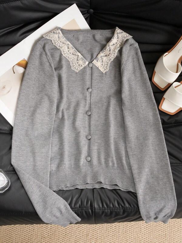 Women's V-Neck Long Sleeve Lace Trim Slim Fit Pullover Sweater
