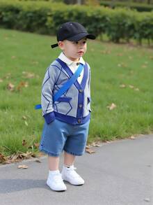 1pc Toddler Boys' Fashionable Lapel Diamond Grid Faux Pocket Long Sleeve Cardigan Sweater, Suitable For Everyday And Vacation, Spring/Autumn/Winter - Blue - View 4