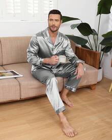 BigKing Men's Silk Satin Pajama Set, Soft Long Sleeve Button Down Pyjama Set - White - View 4
