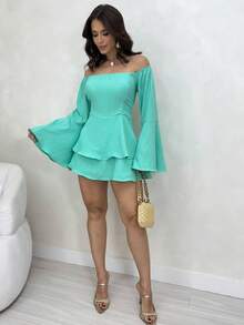 Short Off-The-Shoulder Romper Dress With Puff Sleeves - Agua Verde - View 2
