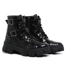 Rock Life Blogger Combat Boot With Two Buckles And Tractor Sole Myrol Outlet - 黑色清漆 - 查看 2