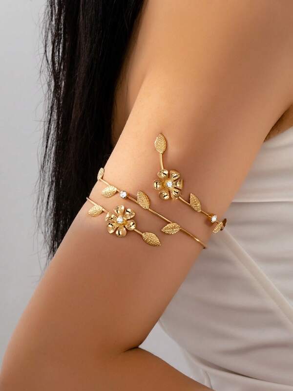 1 Pc Flower Floral Decor Metal Arm Cuff / Metal Wire Wrap Design Upper Arm Bangle / Women Bracelet