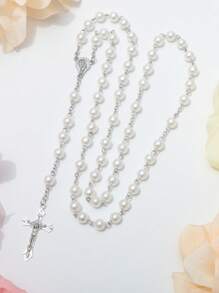 1pc Minimalist Fashion Faux Pearl Cross Rosary Long Handmade Necklace, Unisex Tassel Sweater Chain - White - View 1