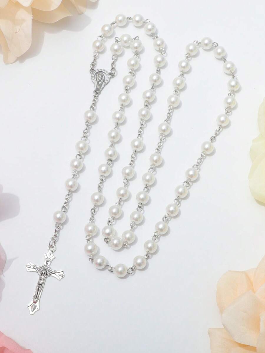 1pc Minimalist Fashion Faux Pearl Cross Rosary Long Handmade Necklace, Unisex Tassel Sweater Chain - White - View 1