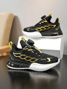 Children's Breathable Sports Shoes, EVA Soft-Soled Fashionable Casual Shoes For Teenagers, Low-Top Mesh Kids Sneaker, Running Shoes Suitable For Boys And Girl. Lightweight And Comfortable Sports, Basketball Shoes With A Rotating Buckle Closure Method - 黑色 - 查看 2