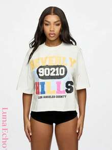 BEVERLY HILLS 90210 LOS ANGELES COUNTY 100% Cotton Summer Women's T-Shirt TEE With Letter Graphic Prints. Suitable For Wearing In Casual Places Or At Home. - 白色 - 查看 1