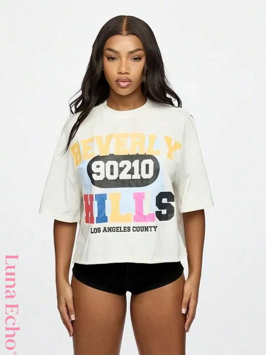 BEVERLY HILLS 90210 LOS ANGELES COUNTY 100% Cotton Summer Women's T-Shirt TEE With Letter Graphic Prints. Suitable For Wearing In Casual Places Or At Home. - 白色 - 查看 1