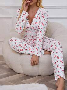 1 件女式连体衣卡通樱桃印花连体衣罗纹性感睡衣连体睡衣圣诞节假期家庭睡衣，秋季 - 白色 - 查看 1