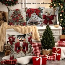 1 pieza Funda decorativa de almohada cuadrada con estilo de bordado imitación de patrones navideños, material de fibra de poliéster suave y cómodo, con bordados de cascanueces, árbol de navidad con flor de pascua, campana y oso de peluche y otros patrones, funda de almohada suave para decoraciones navideñas en el hogar, sala, sofá, silla para fiestas de Navidad