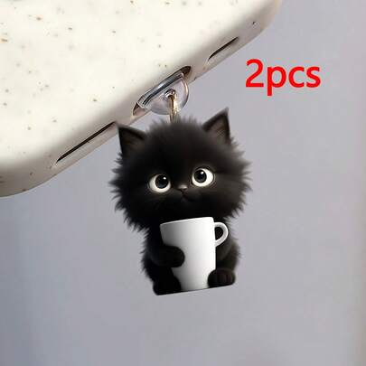 2个可爱2D亚克力扁平黑猫防尘塞，适用于Type-C&Lightning充电口，手机耳机充电接口防尘塞吊坠装饰