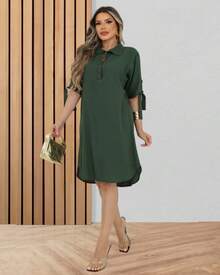 3/4 Sleeve Loose Shirt Dress With Button And Adjustable Sleeve Elegant Fashion - 軍綠色 - 查看 1