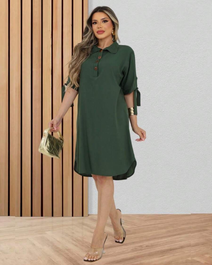 3/4 Sleeve Loose Shirt Dress With Button And Adjustable Sleeve Elegant Fashion - 軍綠色 - 查看 1
