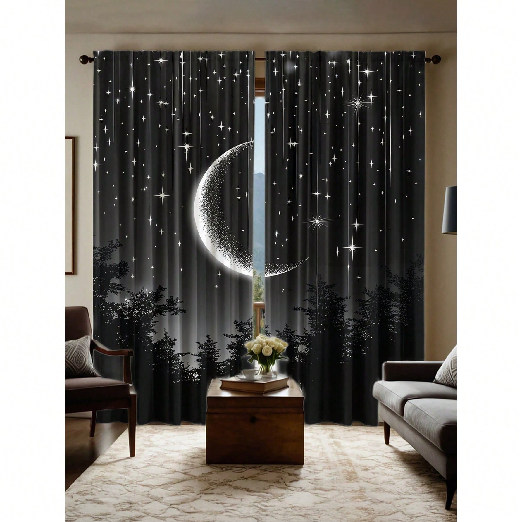 Piezas de cortinas semitransparentes con diseño de funda para barra, estampado con patrones de cielo estrellado, cielo nocturno, bosque y luna, hecha