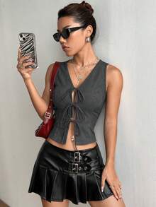 Top ajustado de estilo veraniego con cordones y un sexy chaleco con lazo de cinta Tops de mujeres - Gris Oscuro - Ver 4