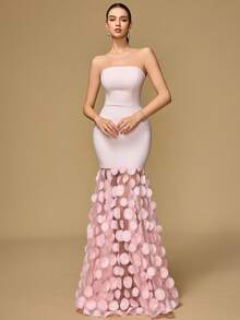 Damen schulterfreies einfarbiges, körperbetontes, mit Mesh-Saum verziertes Ballkleid, geeignet für Bankette, Cocktailpartys und andere Anlässe - Pink - Übersicht 5