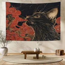 A Tapestry Featuring An Asian Ukiyo-E Style Cat Amidst Clouds And Waves, Complete With Additions, Perfect For Decorating Walls In Homes, Dorms, Or Bedrooms - 1PC - 查看 4