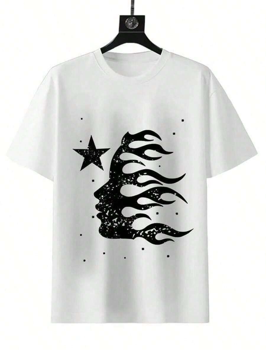 Real Man~Men's Letter Star Print Round Neck Tee, Street Fashion Casual Short Sleeve T-Shirt For Daily Wear, Menswear Top BlackFather's Day Pride Month  4th Of July 	   Present Gift Crewneck Minimalist Streetwear - 白色 - 查看 1