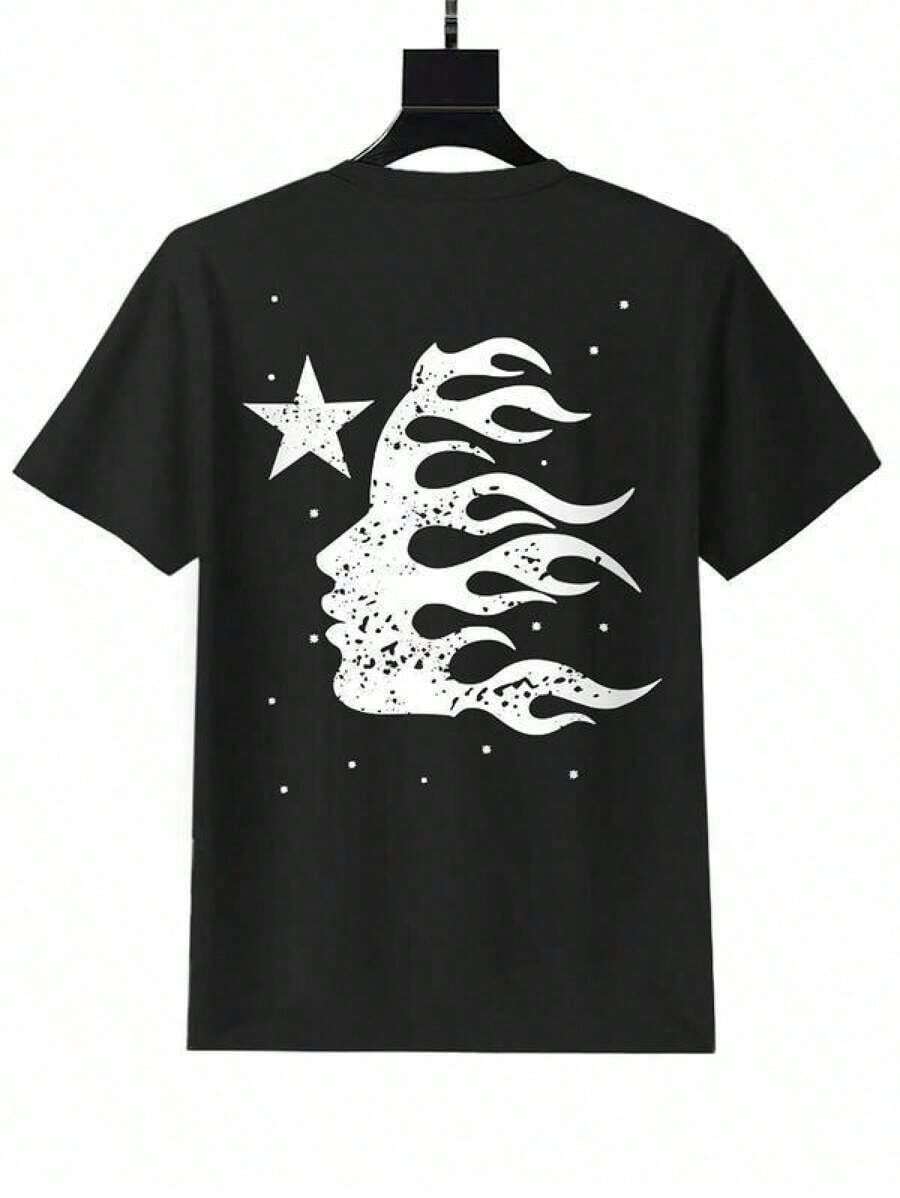 Real Man~Men's Letter Star Print Round Neck Tee, Street Fashion Casual Short Sleeve T-Shirt For Daily Wear, Menswear Top BlackFather's Day Pride Month  4th Of July 	   Present Gift Crewneck Minimalist Streetwear - 黑色 - 查看 1