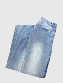 GLOURI Barrel Jeans For Women, Baggy Jeans - 2 In 1 High Waist Vintage Washed Denim With Faux Two-Layer Overlay Design & Side Zipper | Urban Explorer Pants For Weekend Street Style - 藍色 - 查看 6