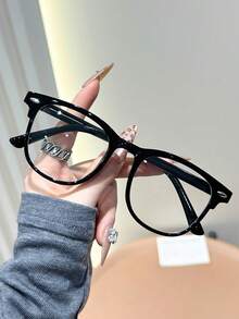 1pc Classic Elegant Modern Minimalist Style Women's Fashion Lightweight Rhinestone Transparent Glasses, Suitable For Watching TV, Playing Games, Mobile Phone Decoration - 黑框白平 - 查看 3