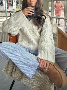 女士秋冬新款法式浪漫森系时尚休闲百搭简约优雅宽松针织毛衣 - 米色 - 查看 3