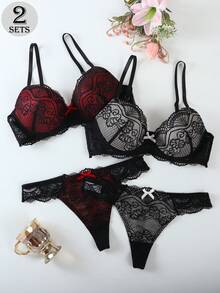 2 peças de sutiãs push-up sensuais de renda, sutiãs com aro anti-flacidez - Preto - Ver 1