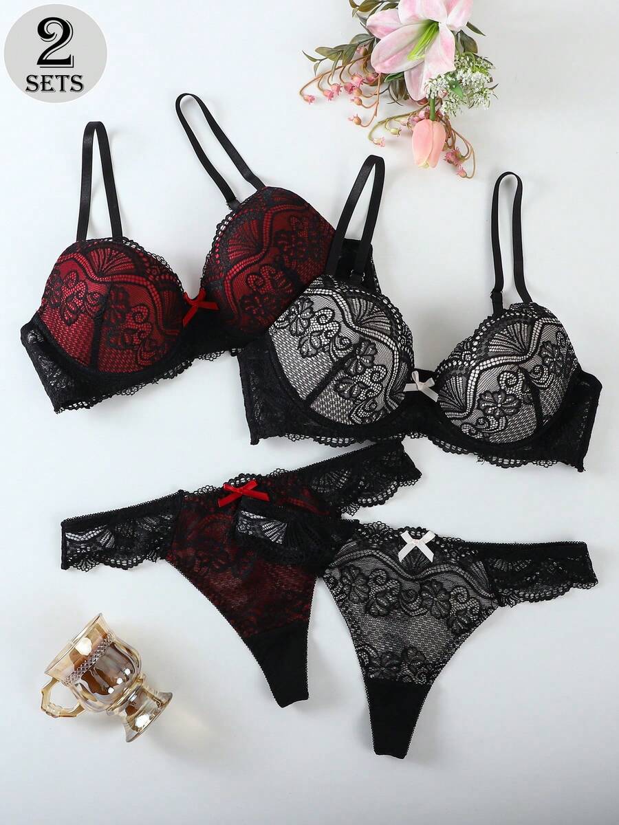 2 peças de sutiãs push-up sensuais de renda, sutiãs com aro anti-flacidez - Preto - Ver 1